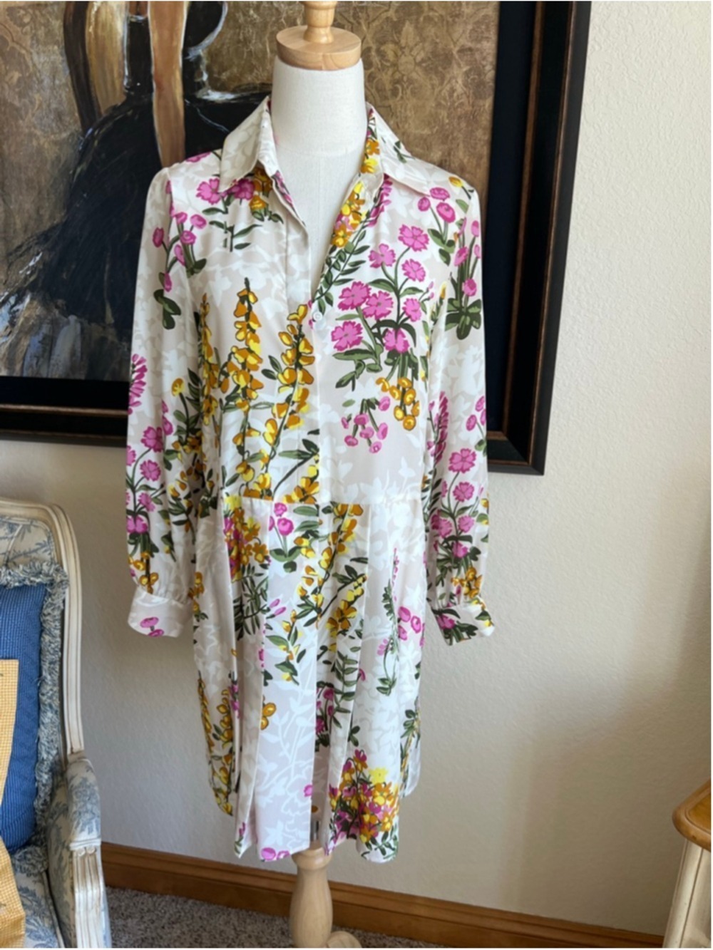 NWOT Weekend MaxMara Long Sleeve Dress Size 2 Beige Pink Floral - Picture 3 of 9